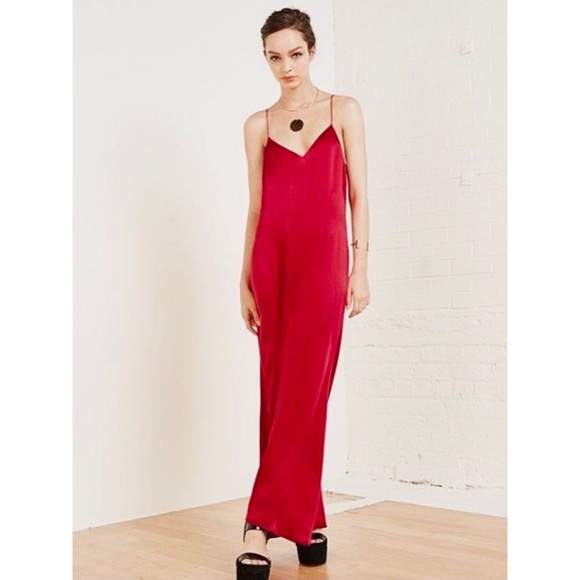 red silk slip dress